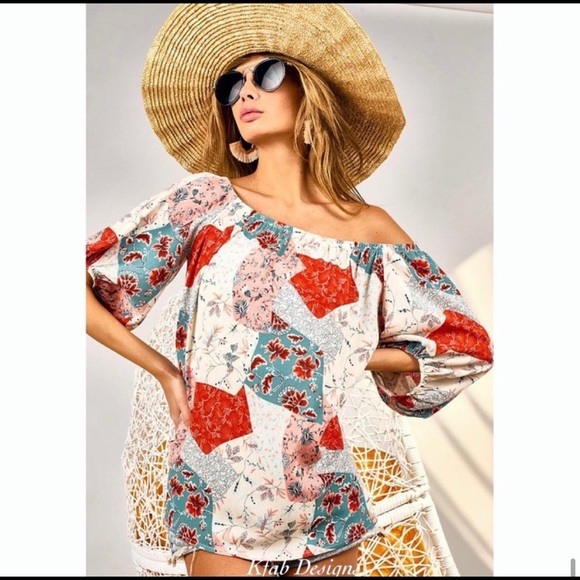 New!Clearance 🔥Boho Floral Patchwork Woven Off Shoulder Ballon Sleeve Soft Top - Picture 15 of 16